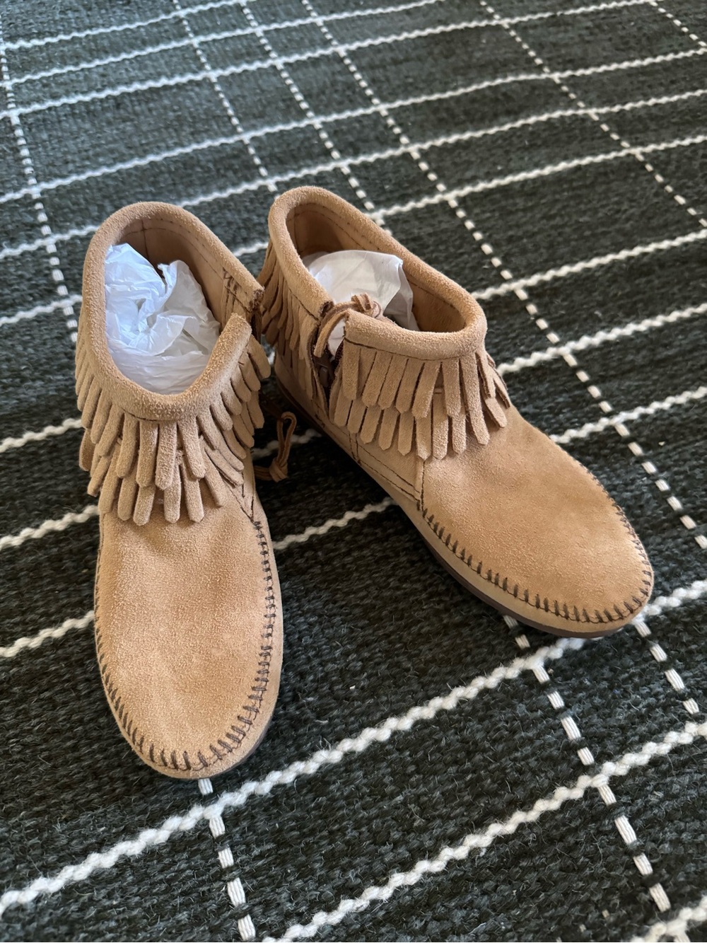Minnetonka Kids Suede Fringe Ankle Moccasins in Tan